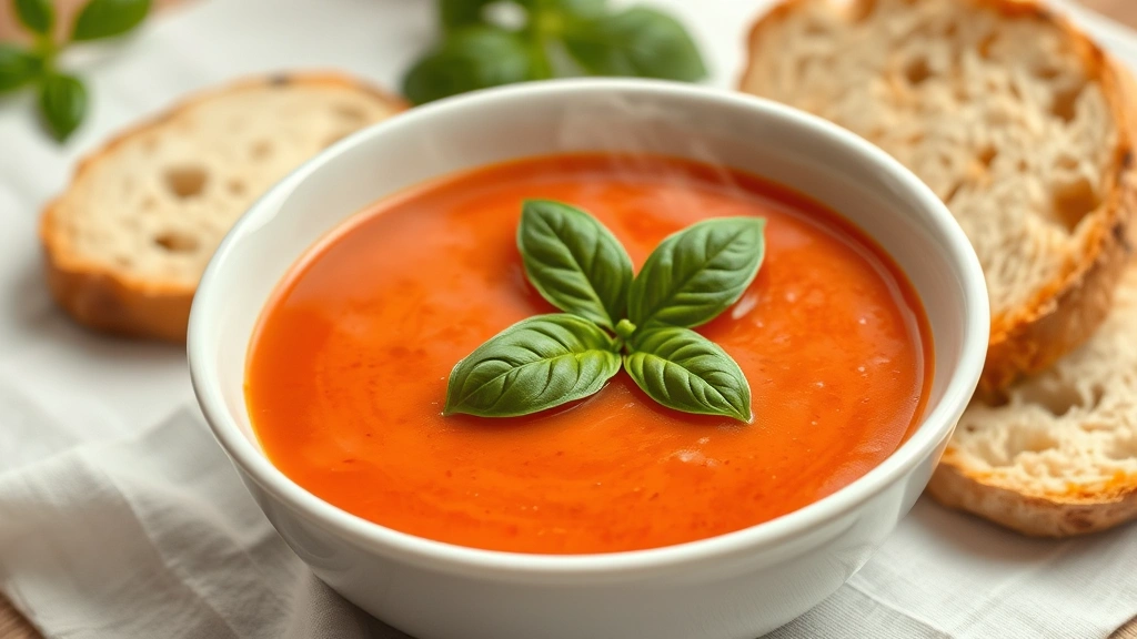 Steaming bowl of smooth creamy tomato soup garnished with fresh basil leaf and drizzle of olive oil, white ceramic bowl on linen tablecloth with crusty bread nearby