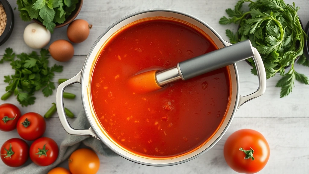 Overhead view of large pot of finished tomato soup with immersion blender resting inside, herbs and fresh ingredients arranged around pot on kitchen counter