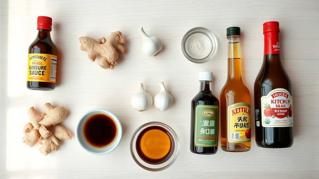 Flat lay of fresh tonkatsu sauce ingredients arranged artfully: bottles of Worcestershire sauce and soy sauce, fresh ginger root, garlic cloves, small bowl of mirin, ketchup bottle, apple juice glass, rice vinegar, all on a light wooden surface with natural lighting