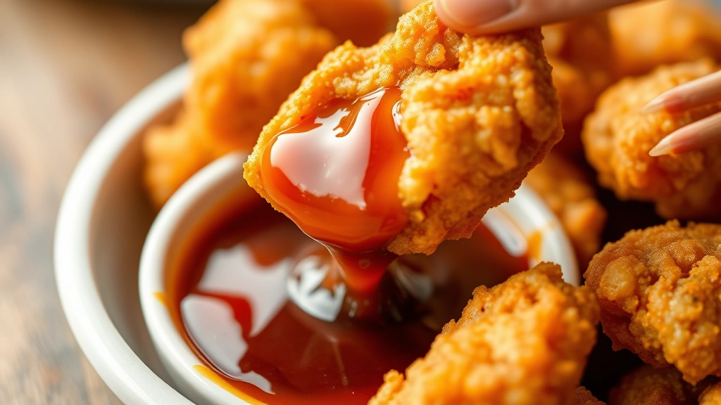 Action shot of golden-brown Japanese fried chicken (karaage) pieces being dipped into a small white bowl of glossy tonkatsu sauce, with sauce clinging to the crispy exterior, shallow depth of field, appetizing presentation