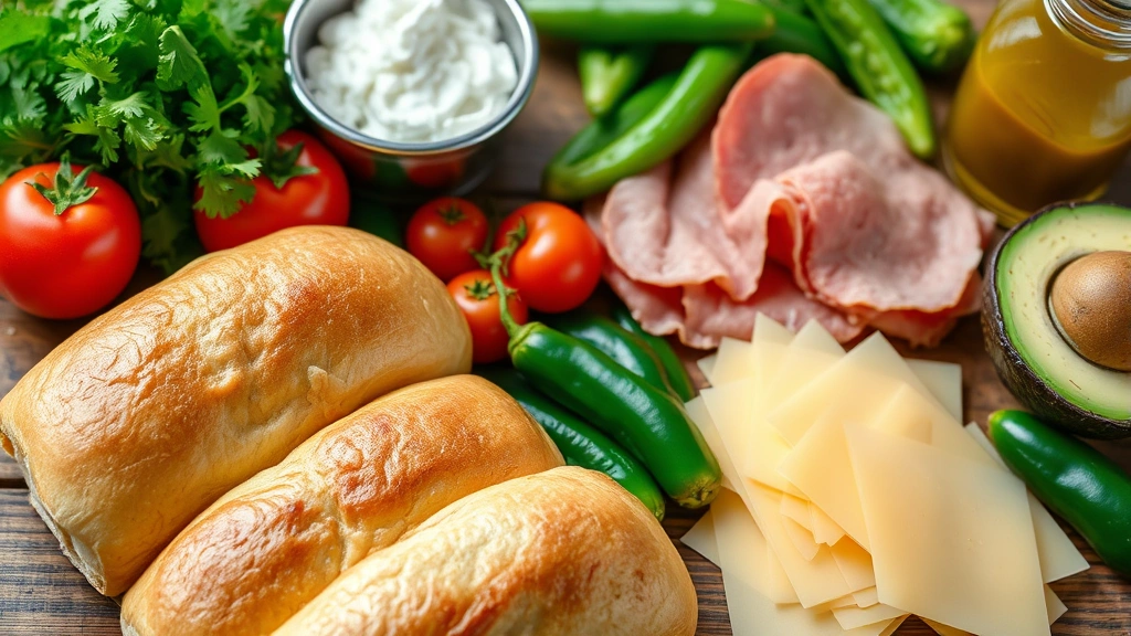 Detailed view of ingredients arranged on a wooden surface: bolillo rolls, fresh cilantro, ripe tomatoes, sliced cheese, deli meats, jalapeños, avocado, and condiments, vibrant colors, professional food photography