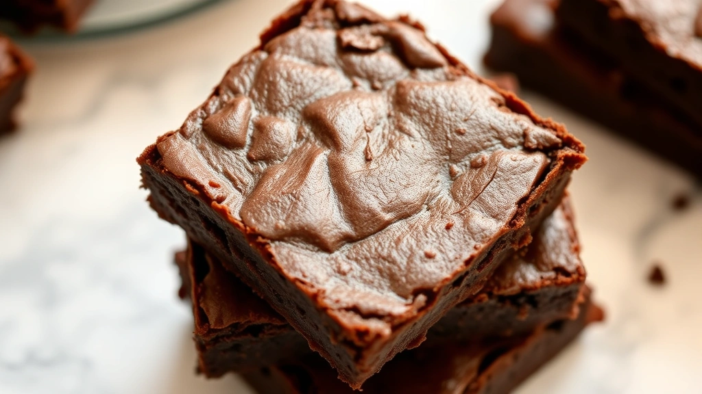 Close-up of rich, fudgy vegan chocolate brownies with glossy surface, stacked on marble countertop, warm lighting highlighting texture and moisture