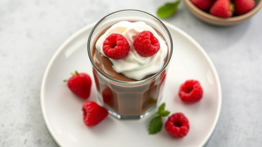Overhead shot of elegant vegan chocolate mousse in clear glass, topped with fresh raspberries and coconut whipped cream, minimalist plating on white plate
