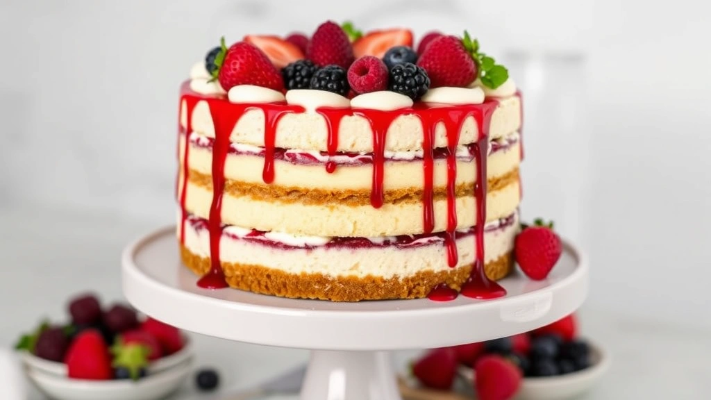 Vibrant multi-layered vegan cheesecake with cashew cream filling, topped with fresh berries and berry coulis drip, professional bakery presentation on cake stand