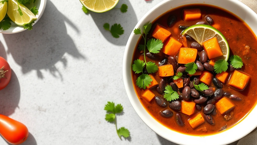 Overhead shot of spicy black bean and sweet potato soup in white bowl, garnished with cilantro and lime, colorful vegetables visible, natural daylight