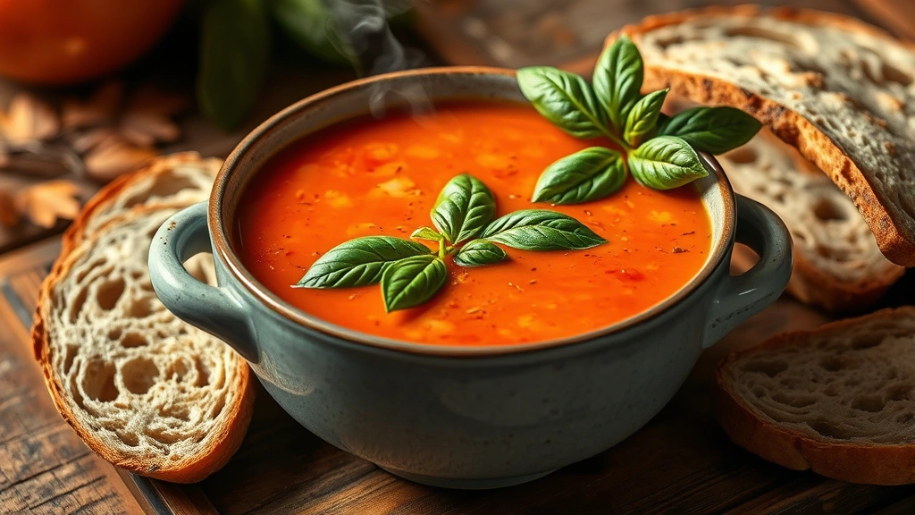 Steaming bowl of roasted tomato basil soup with fresh basil leaves floating on top, crusty bread beside it, warm autumn lighting, rustic wooden table