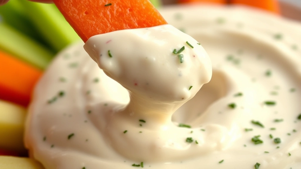 Close-up of creamy ranch dip being scooped with fresh carrot stick, showing thick texture and herb flecks, with blurred vegetable platter in background
