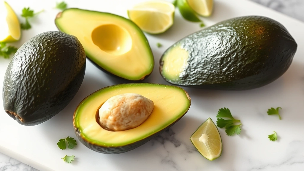 Three ripe dark green Hass avocados cut in half showing pale green flesh, arranged on white marble countertop with fresh lime wedges and vibrant green cilantro sprigs scattered nearby, natural daylight