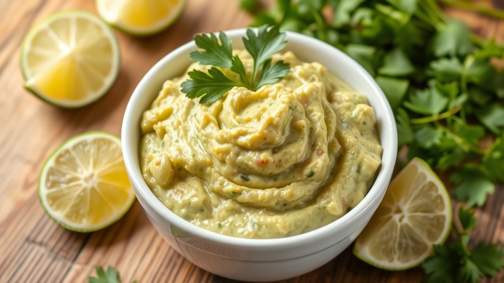 White ceramic bowl filled with creamy pale green guacamole showing chunky texture, garnished with fresh cilantro leaf on top, surrounded by fresh lime wedges and loose cilantro leaves, wooden table background