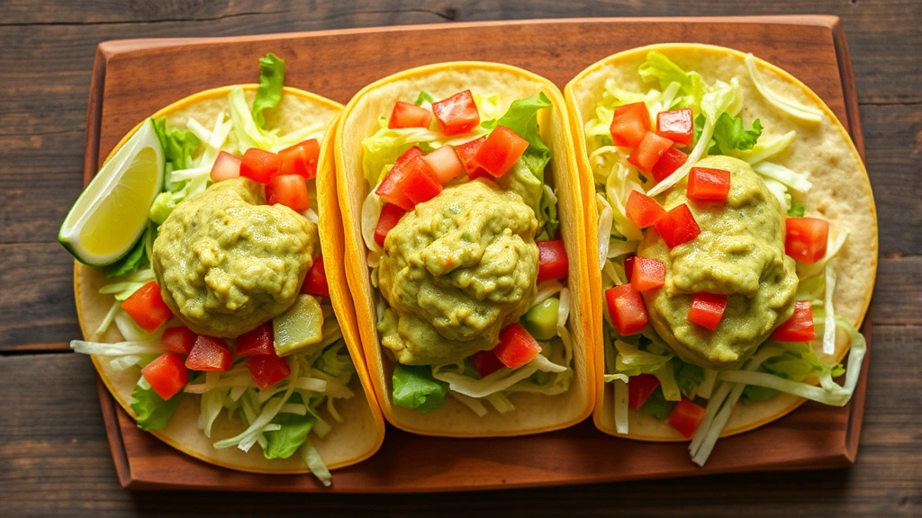 Overhead view of three soft tacos filled with shredded lettuce and topped with generous dollop of creamy guacamole, diced red tomatoes, lime wedge on side, rustic wooden serving board, warm natural lighting