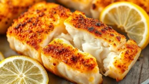 Golden-brown air fryer cod fillet with crispy exterior and flaky interior, perfectly cooked white fish showing moisture and doneness, fresh lemon wedge beside it, professional food photography