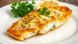 Golden-brown crispy cod fillet with herbs, steam rising, positioned on white plate with fresh lemon wedges and parsley garnish, close-up food photography
