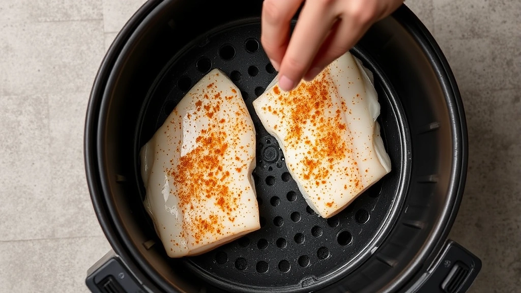 Hands placing seasoned raw cod fillets into air fryer basket before cooking, overhead angle showing preparation stage