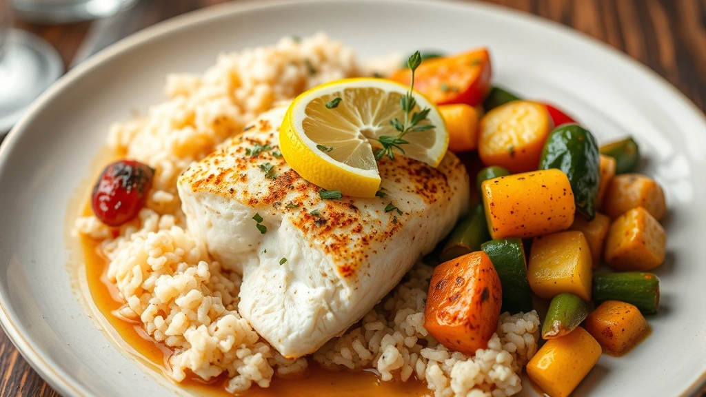 Finished air fryer cod plated with roasted vegetables and rice, garnished with fresh herbs and lemon, styled dinner plate photography