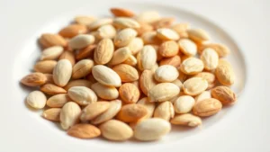 Close-up of blanched raw almonds spread on white ceramic plate, showing natural texture and pale color, professional food photography lighting