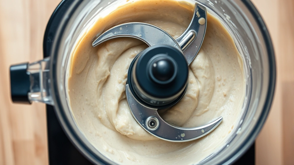 Food processor with smooth creamy almond paste visible through transparent bowl, metal S-blade attachment, mid-processing stage with visible oil sheen