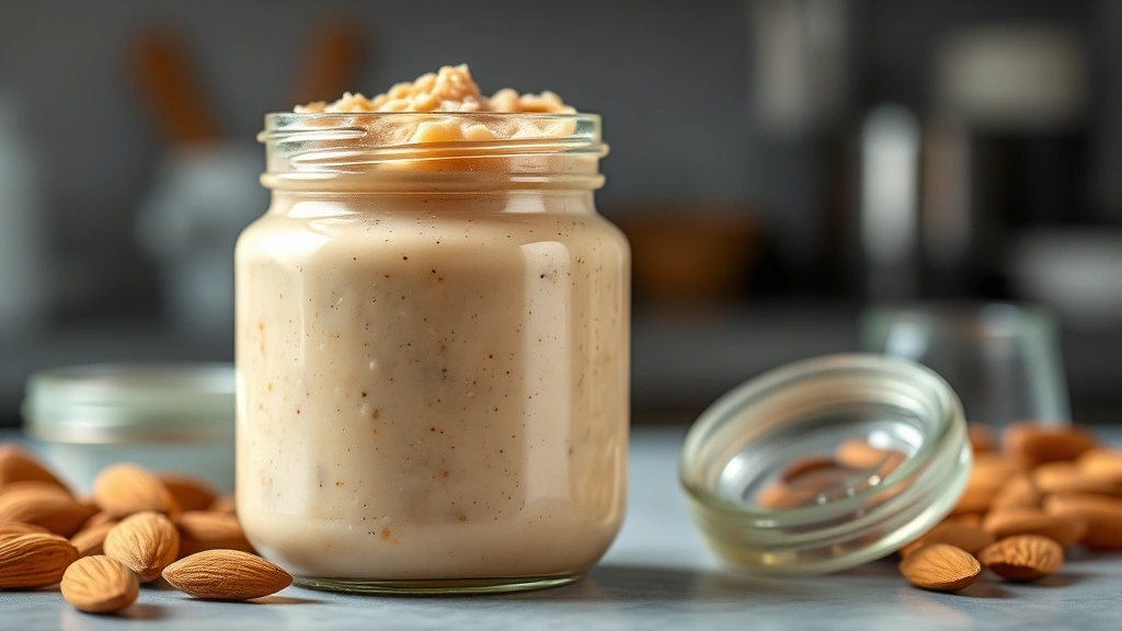 Finished homemade almond paste in clear glass jar with tight lid, showing uniform creamy beige color, professional kitchen setting with soft natural lighting