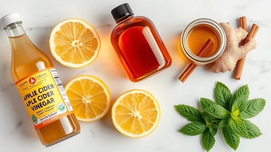 Overhead flat lay of fresh ingredients: raw apple cider vinegar bottle, fresh lemon halves, ginger root, honey jar, cinnamon sticks, and mint leaves on light marble countertop