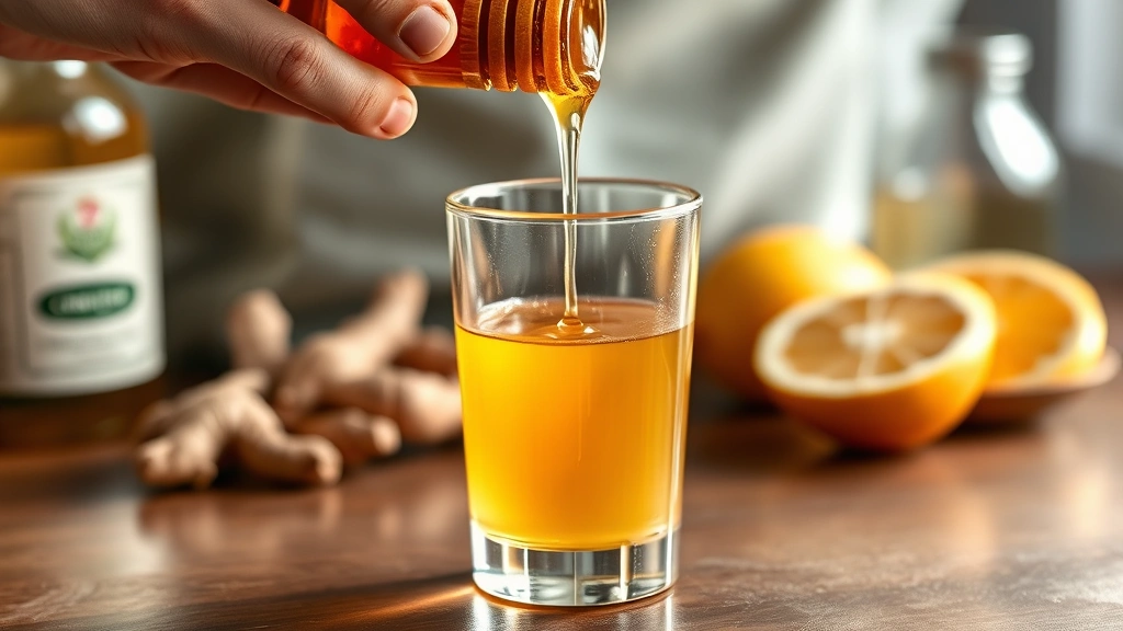 Hands pouring raw honey into glass of apple cider vinegar and water mixture, golden honey stream catching light, fresh ginger and citrus visible in background, natural kitchen lighting