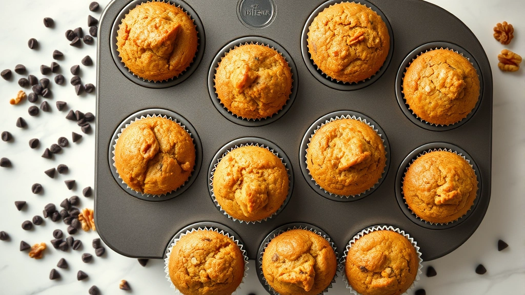 Overhead shot of twelve freshly baked banana bread muffins in a muffin tin, golden brown with peaked tops, steam rising, surrounded by scattered chocolate chips and crushed walnuts on marble countertop