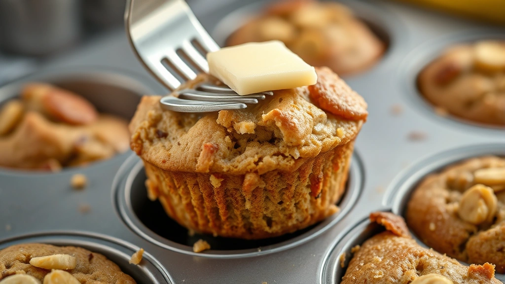 Close-up of a warm banana bread muffin being pulled from a muffin tin with a fork, melted butter visible on top, crumbly texture clearly visible, soft afternoon kitchen lighting