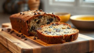 Warm, freshly sliced chocolate chip banana bread on a wooden cutting board with steam rising, showing moist tender crumb with melted chocolate chips visible, rustic kitchen background with soft natural lighting