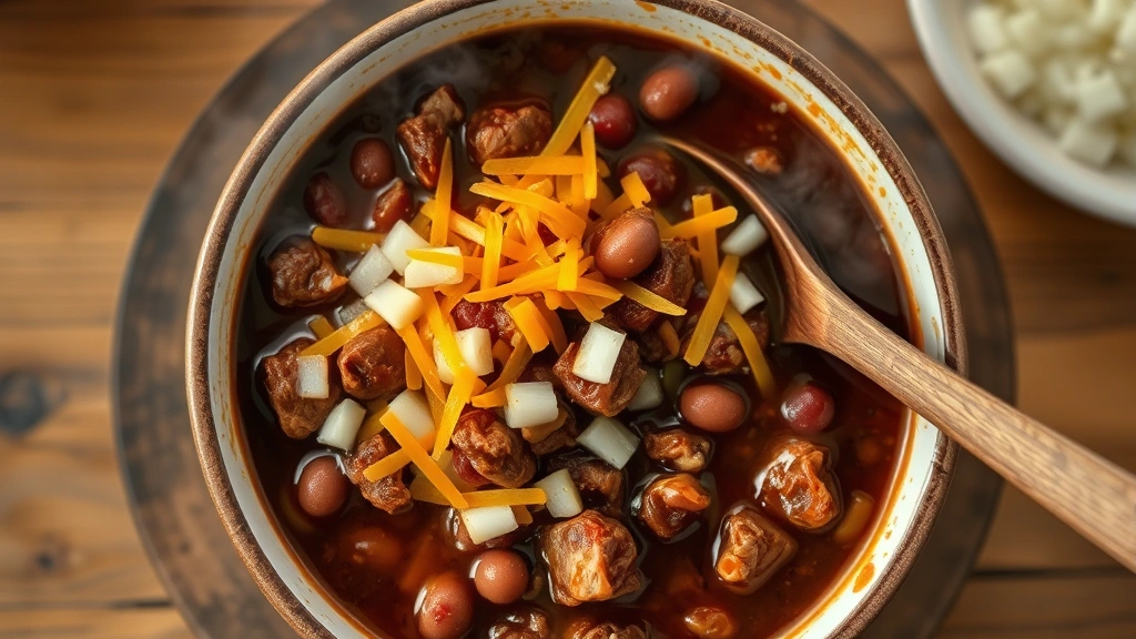 Overhead shot of steaming bowl of dark beanless chili with chunks of tender meat visible in rich brown sauce, garnished with diced white onions and melted cheddar cheese, wooden spoon resting in bowl, warm kitchen lighting