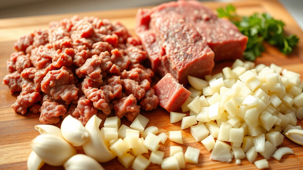 Close-up of raw ground beef and diced chuck steak arranged separately on wooden cutting board with fresh garlic cloves and diced yellow onions, natural daylight from window, showing raw ingredients before cooking