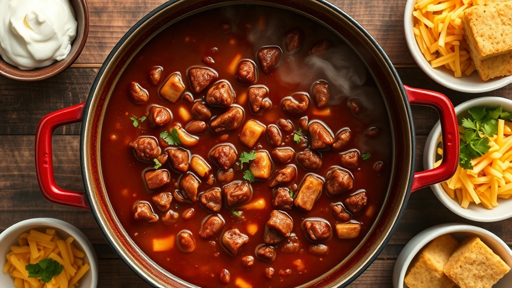 Top-down view of large pot of finished beanless chili simmering gently, showing meat pieces suspended in glossy sauce, steam rising, surrounded by bowls of toppings including sour cream, cheese, fresh cilantro, and cornbread on rustic table