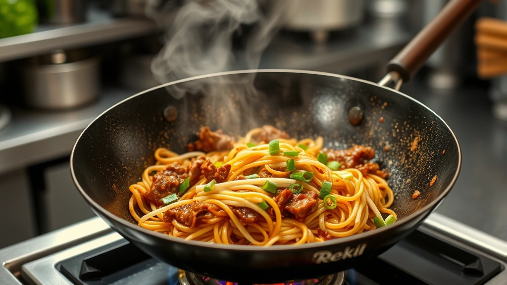 Wok sizzling over high heat with beef chow fun mid-stir, noodles glistening with sauce, steam rising, bean sprouts and scallions visible, professional kitchen lighting