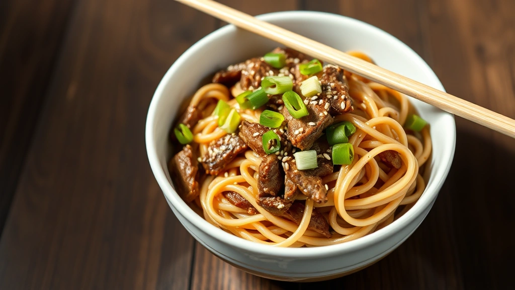 Finished beef chow fun plated in white ceramic bowl, garnished with fresh scallion greens and sesame seeds, chopsticks resting on rim, soft natural lighting showing silky noodle texture