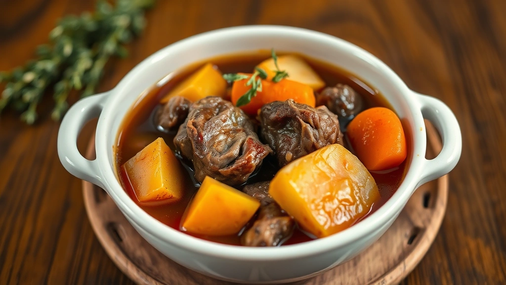 Finished beef heart stew in white ceramic bowl showing tender meat pieces, carrots, potatoes, and rich brown braising liquid with fresh thyme garnish, warm lighting