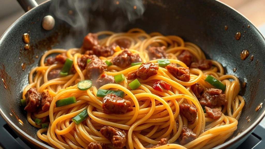 Beef lo mein noodles being tossed in wok with glossy sauce coating every strand, steam rising, vegetables and tender beef visible throughout the dish