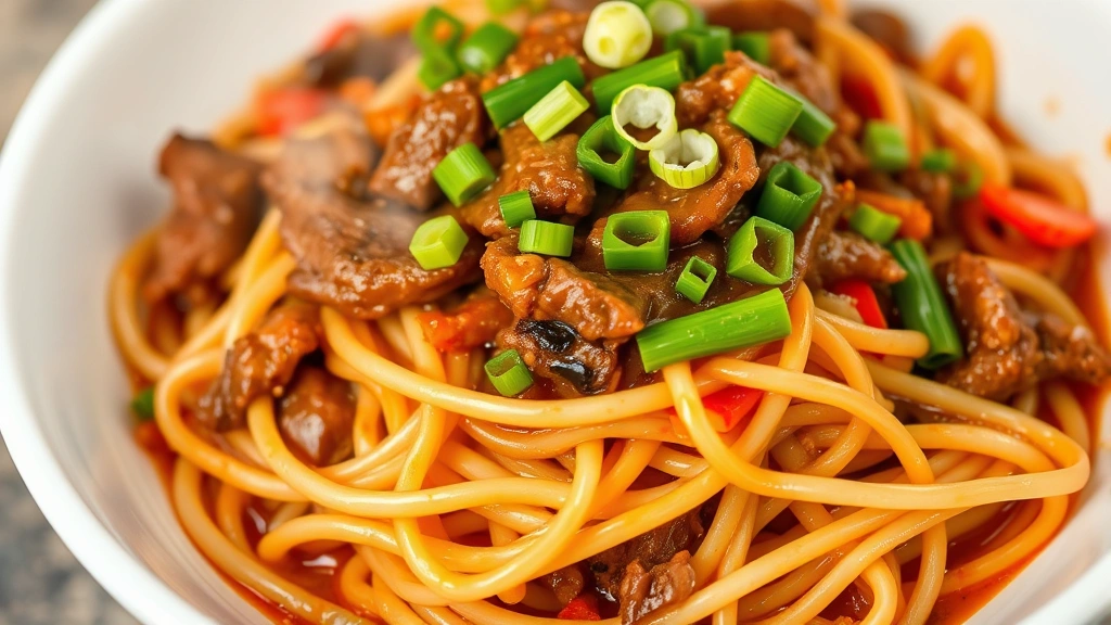 Finished beef lo mein plated in white bowl, noodles glistening with sauce, colorful vegetables interspersed, green onions garnishing top, steam visible