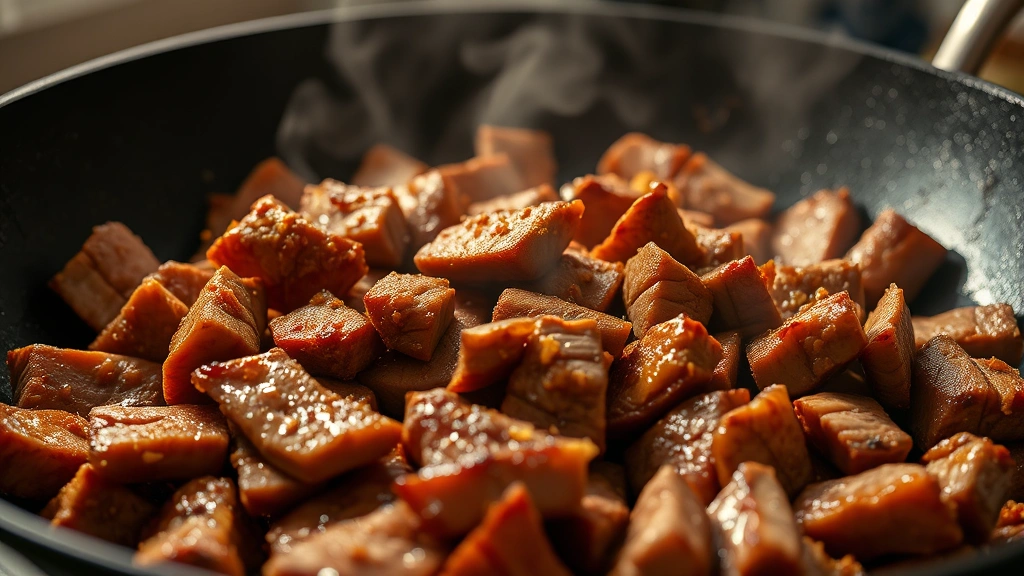 Close-up of sizzling beef strips browning in a hot wok, golden crust forming on tenderloin pieces with smoke rising, professional kitchen lighting