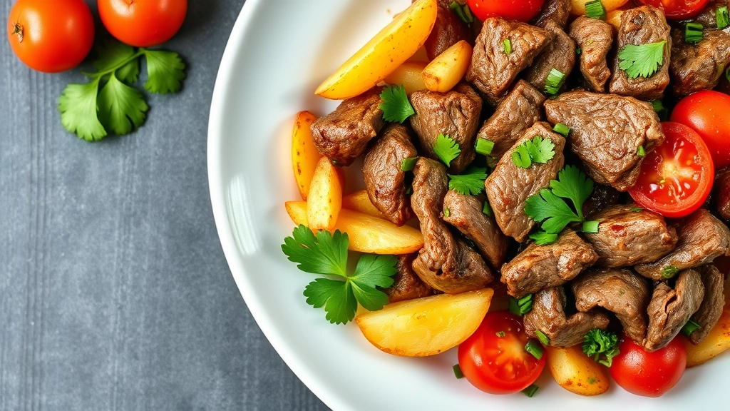 Overhead shot of finished beef lomo saltado dish with crispy golden potato matchsticks, tender beef strips, fresh tomato wedges, and cilantro, glossy sauce coating ingredients, served on white plate