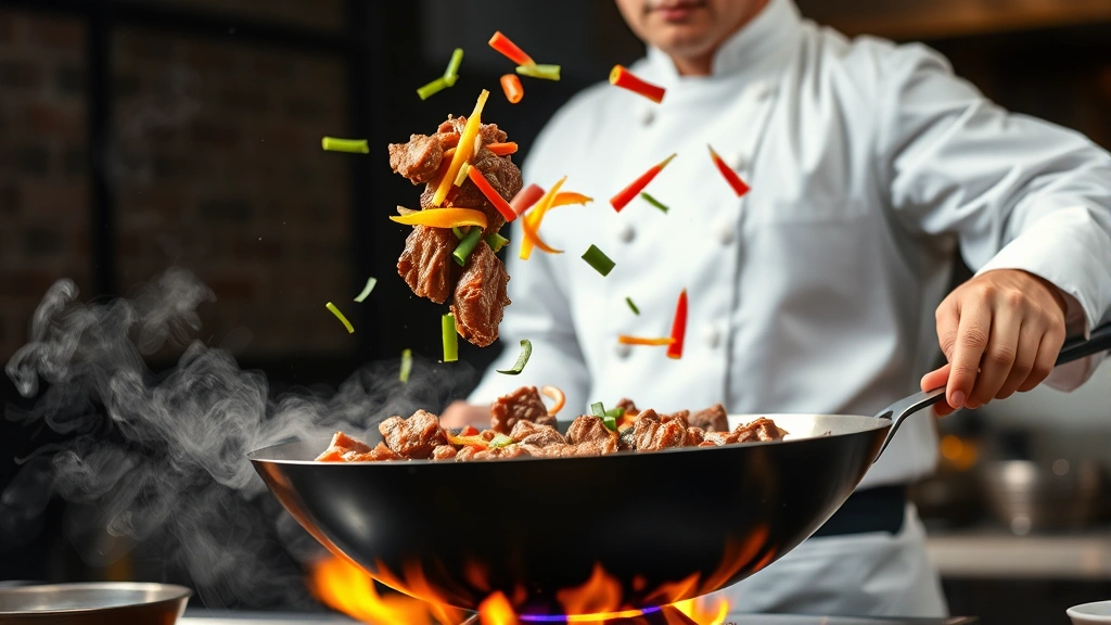 Action shot of chef tossing ingredients in traditional wok over high heat, beef and vegetables mid-air, flames visible below wok, professional motion capture