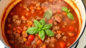 Rich, glossy beef bolognese sauce simmering in a white ceramic pot, with visible ground beef pieces, diced tomatoes, and fresh basil leaves floating on top, steam rising gently, natural kitchen lighting