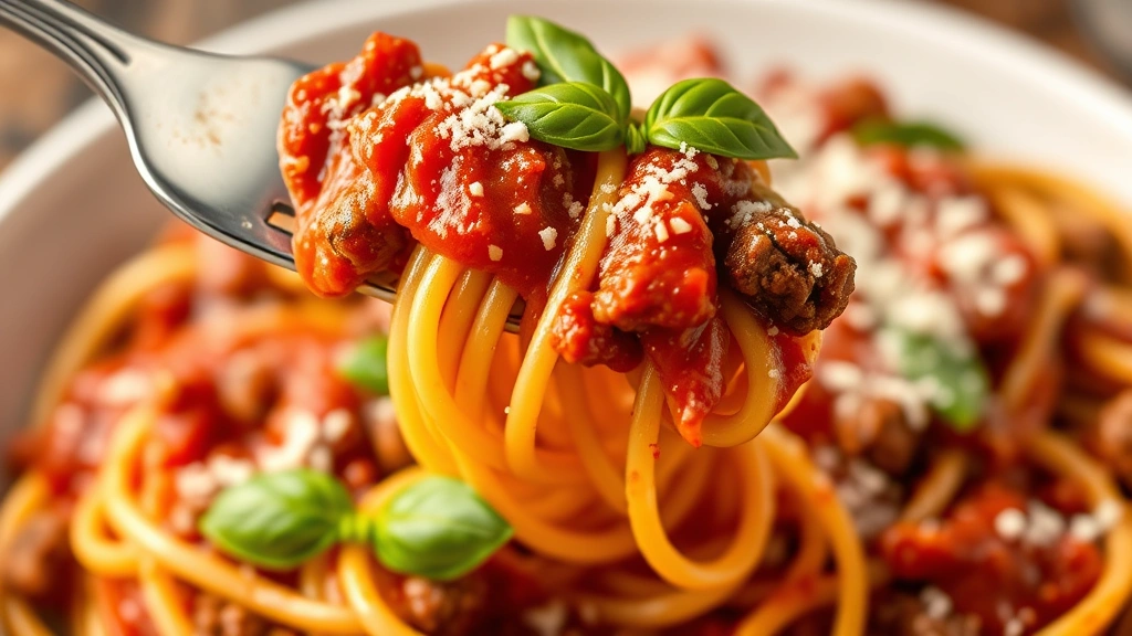Close-up of twirled spaghetti on a fork coated in beefy marinara sauce with ground beef throughout, garnished with fresh basil and grated Parmesan cheese, warm golden lighting