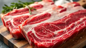 Close-up of raw beef short ribs with deep red color and white marbling, arranged on a butcher's cutting board with fresh herbs and sea salt nearby