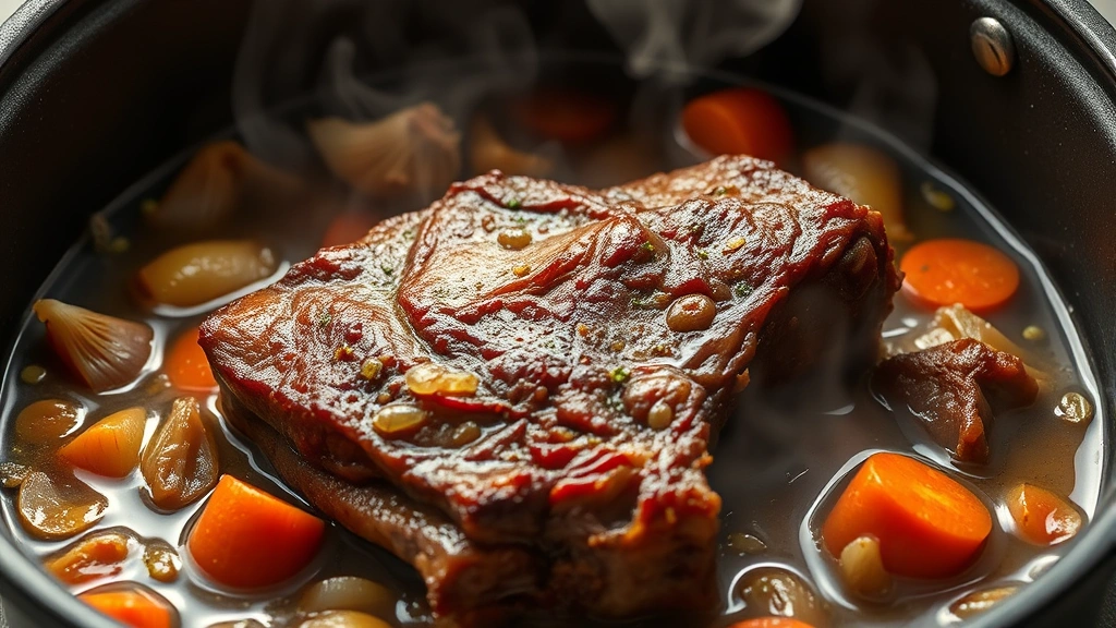 Golden-brown beef short ribs sizzling in a Dutch oven surrounded by caramelized onions, carrots, and garlic in rich braising liquid, steam rising from the pot
