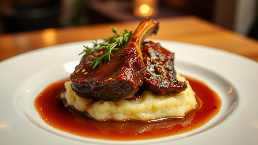 Finished plated beef short ribs on creamy mashed potatoes with fresh thyme garnish and glossy, reduced sauce pooling around the meat, warm indoor lighting