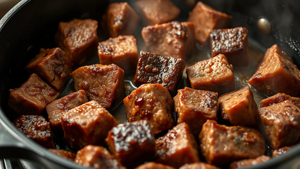 Close-up of beef chuck cubes browning in a cast iron Dutch oven with deep golden-brown crust, steam rising, professional kitchen lighting