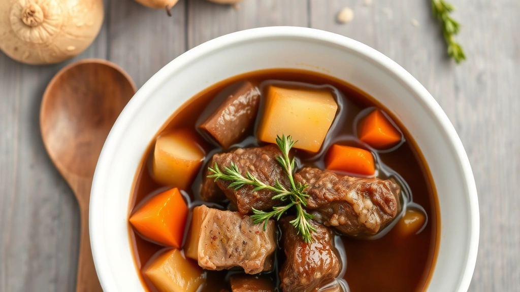 Overhead shot of finished beef stew in white ceramic bowl, rich dark brown broth with tender beef chunks, carrots, potatoes, fresh thyme garnish, wooden spoon beside bowl