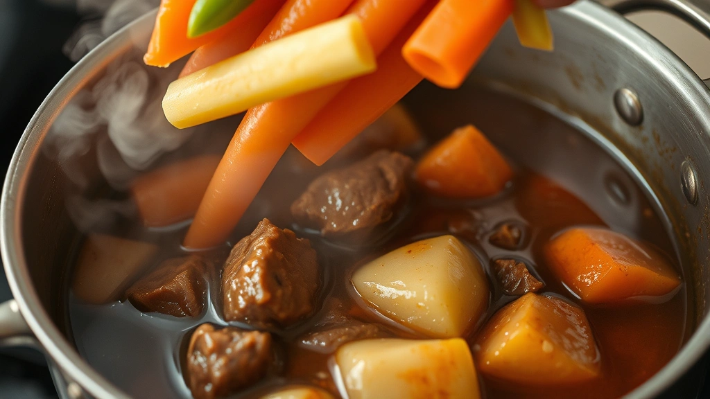 Action shot of vegetables being added to simmering beef stew pot, carrots and potatoes partially submerged in glossy dark braising liquid, steam visible