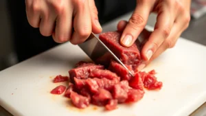Close-up of chef's hands mincing raw beef tenderloin with a sharp knife on a white cutting board, showing fine texture and technique