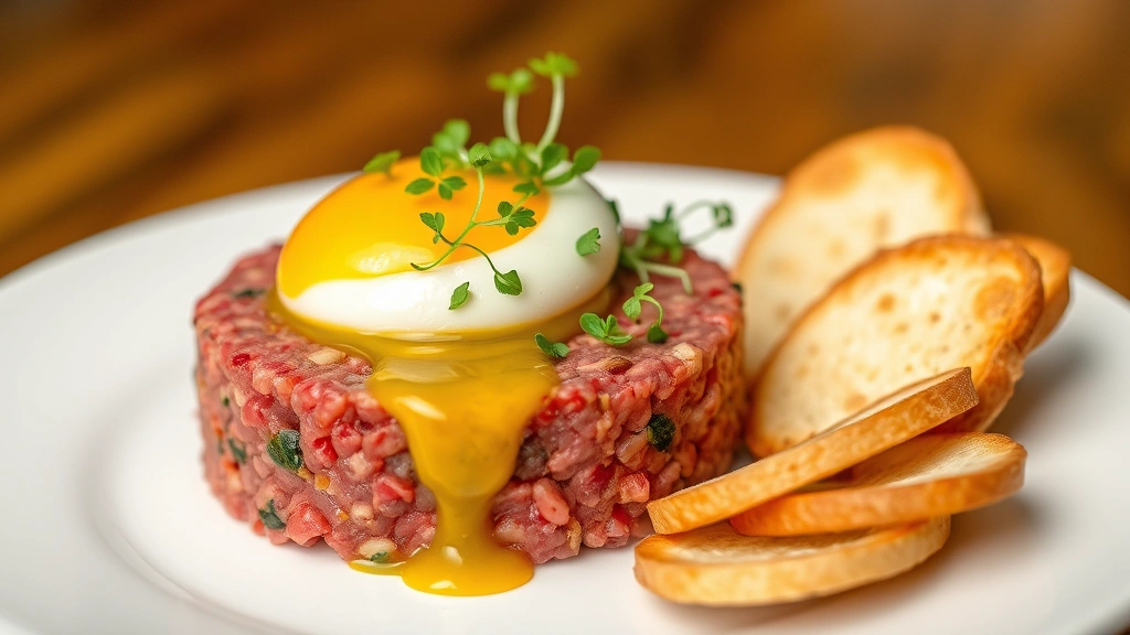 Beautifully plated beef tartare with quail egg yolk on top, microgreens garnish, and toasted bread crisps arranged on a white plate
