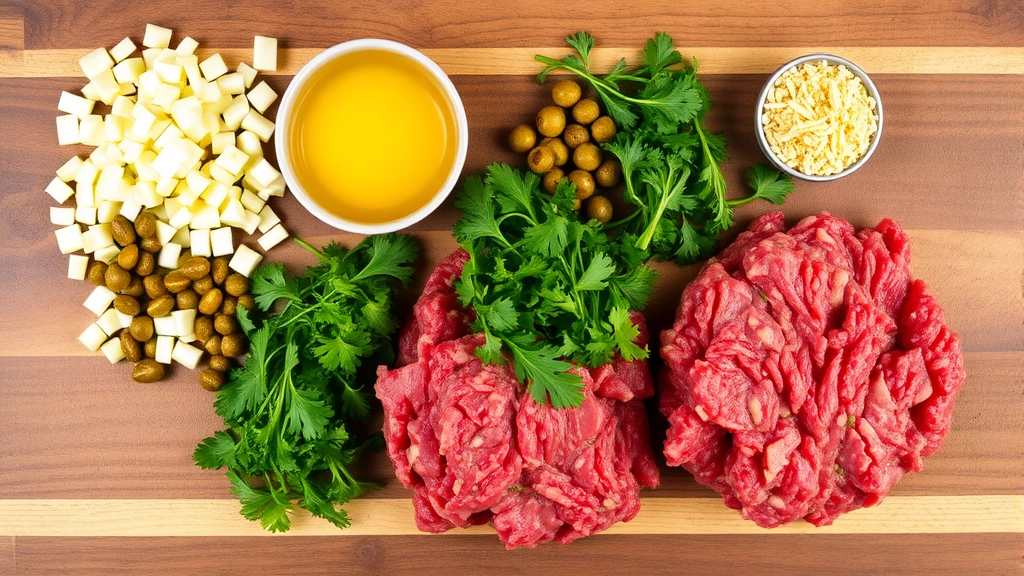 Overhead view of beef tartare components - diced shallots, capers, cornichons, fresh parsley, egg yolk, and minced beef arranged separately before mixing