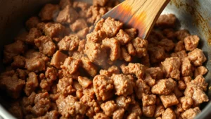 Close-up of ground beef browning in a large pot with visible golden-brown color and meat breaking apart with a wooden spoon, steam rising