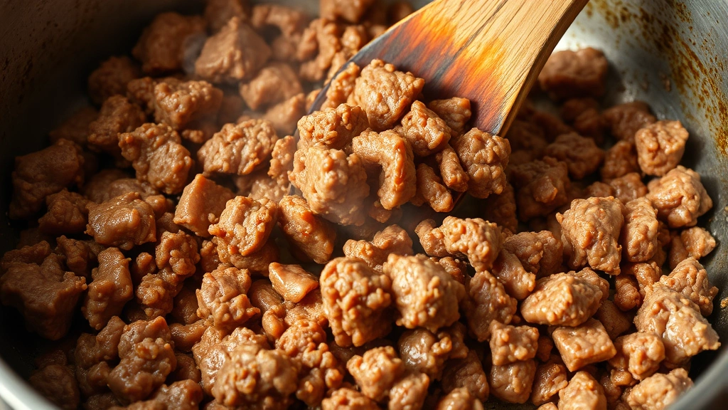Close-up of ground beef browning in a large pot with visible golden-brown color and meat breaking apart with a wooden spoon, steam rising